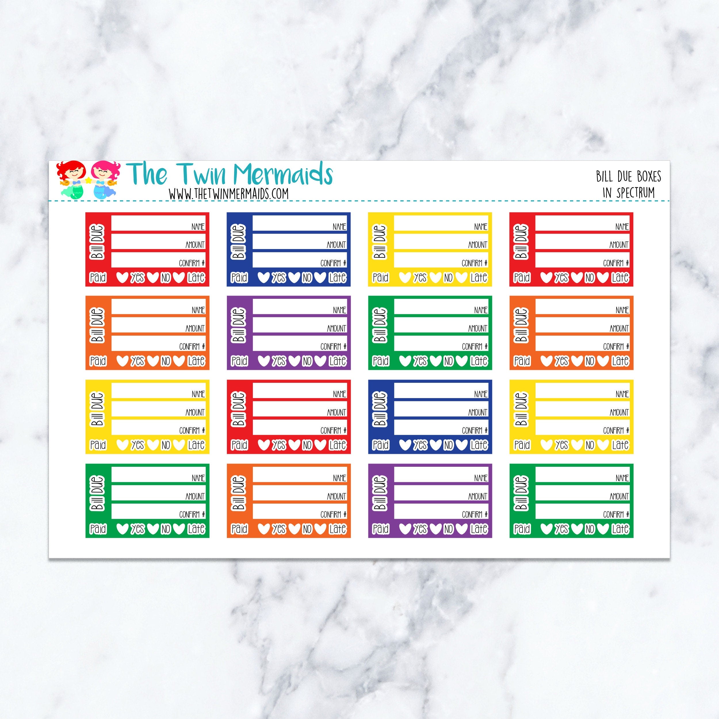 Bill Due Boxes in Spectrum Planner Stickers