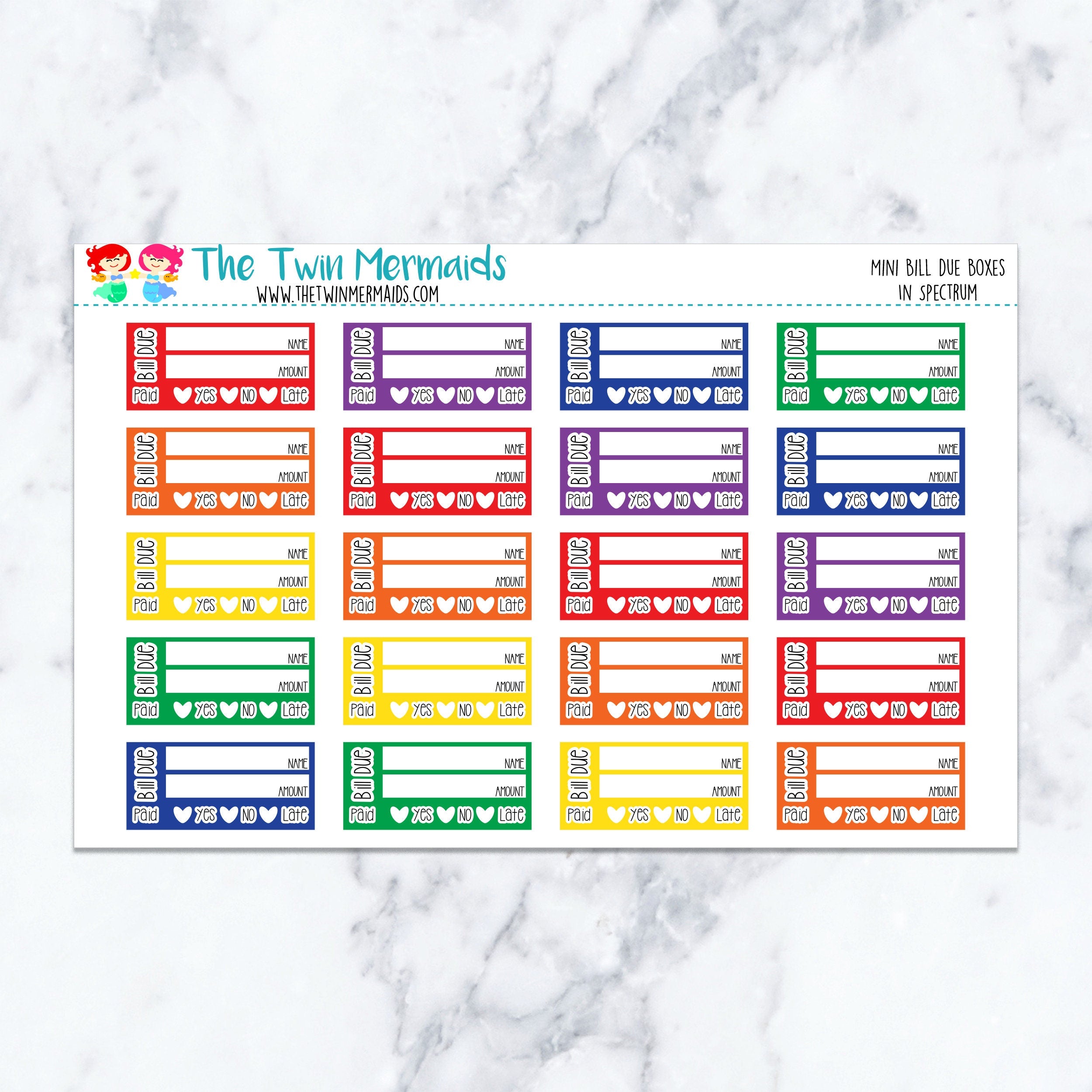 Mini Bill Due Boxes in Spectrum Planner Stickers