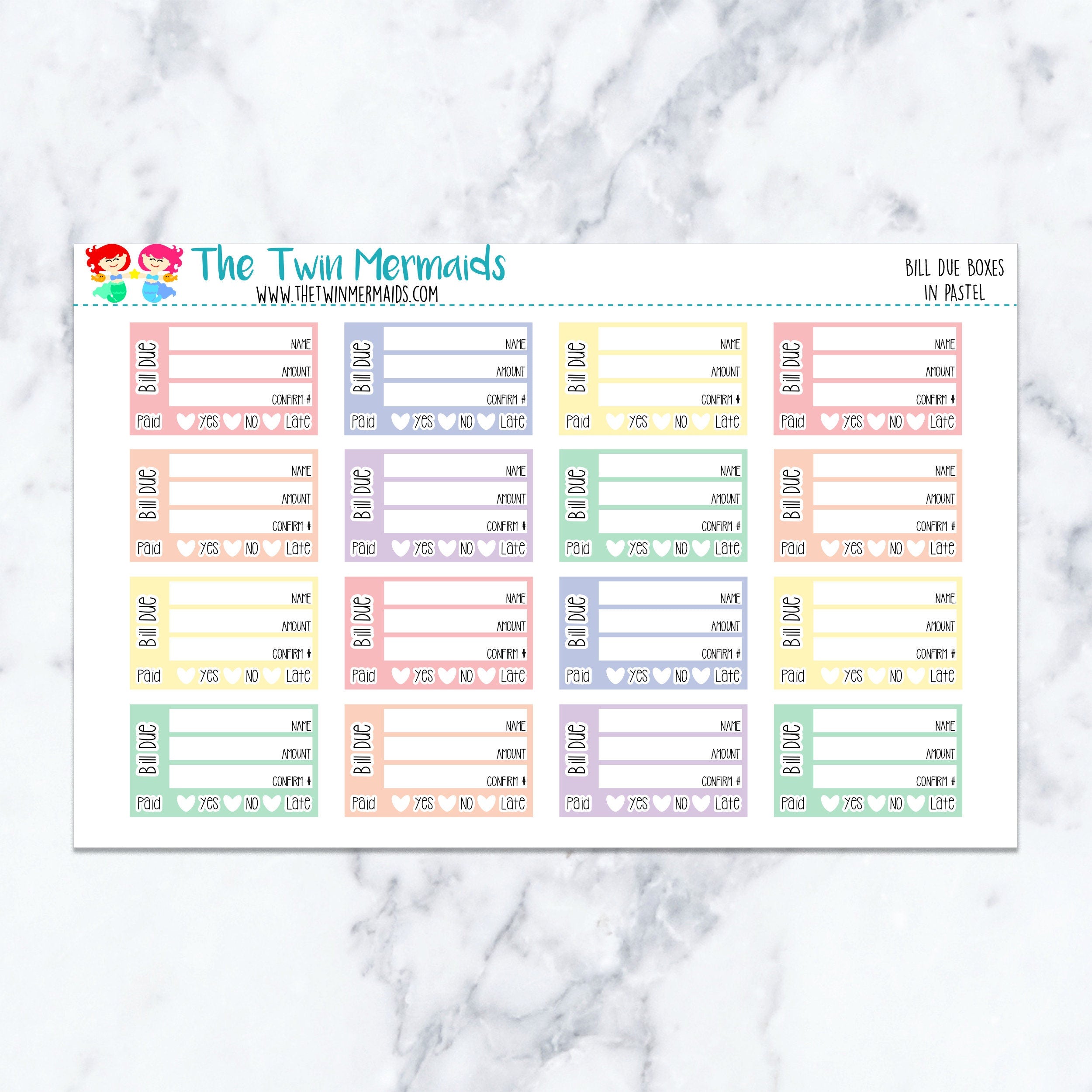 Bill Due Boxes in Pastel Planner Stickers