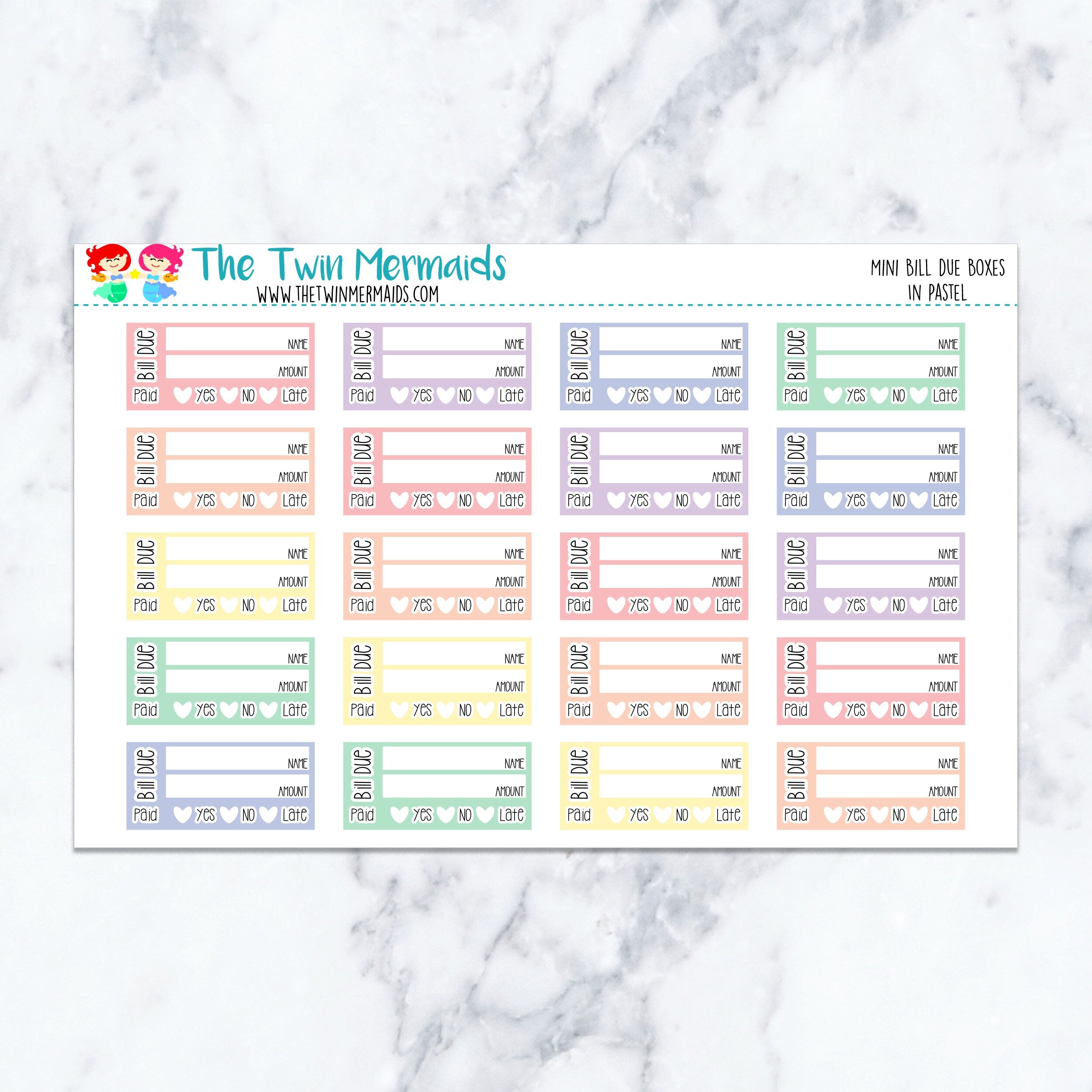 Mini Bill Due Boxes in Pastel Planner Stickers