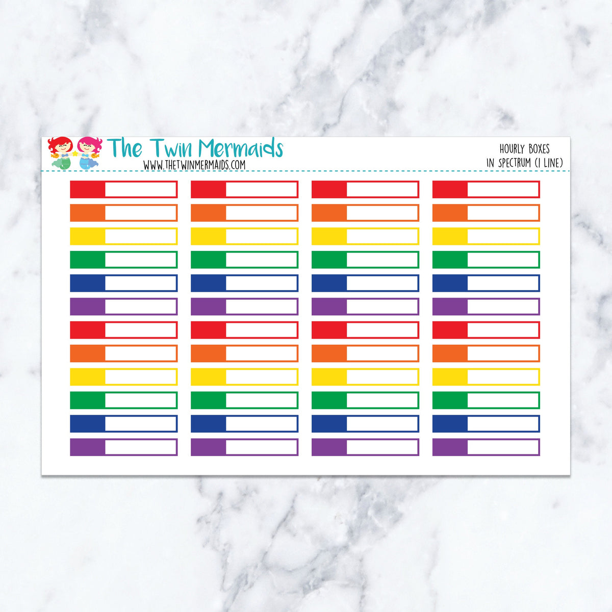 Hourly Boxes in Spectrum (1 Line) planner stickers, spectrum color scheme. Kiss-cut sticker sheet for planners, bullet journa