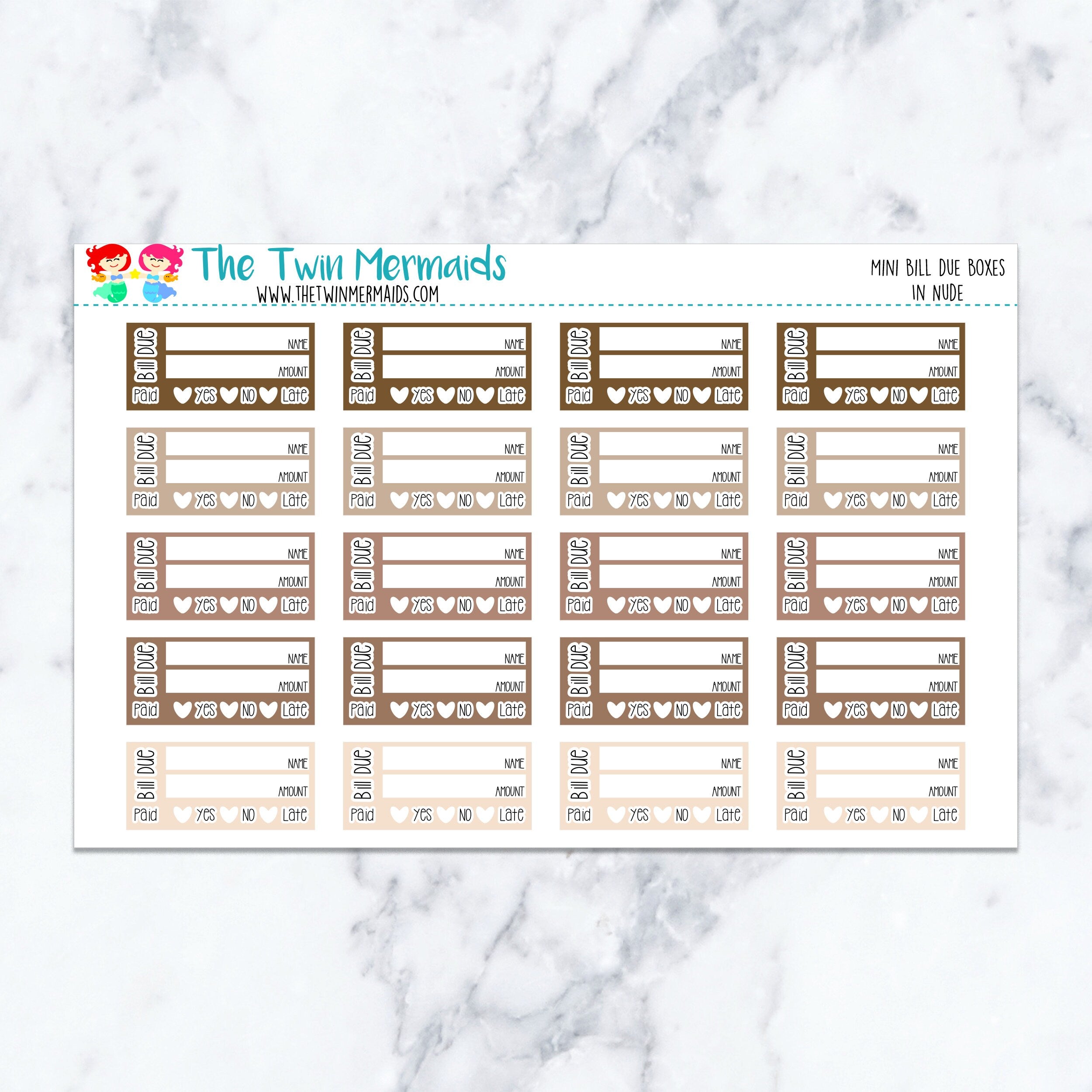 Mini Bill Due Boxes in Nude Planner Stickers