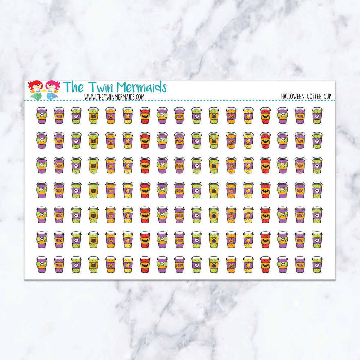 Halloween Coffee Cup planner stickers. Kiss-cut sticker sheet for planners, bullet journals, and scrapbooking.