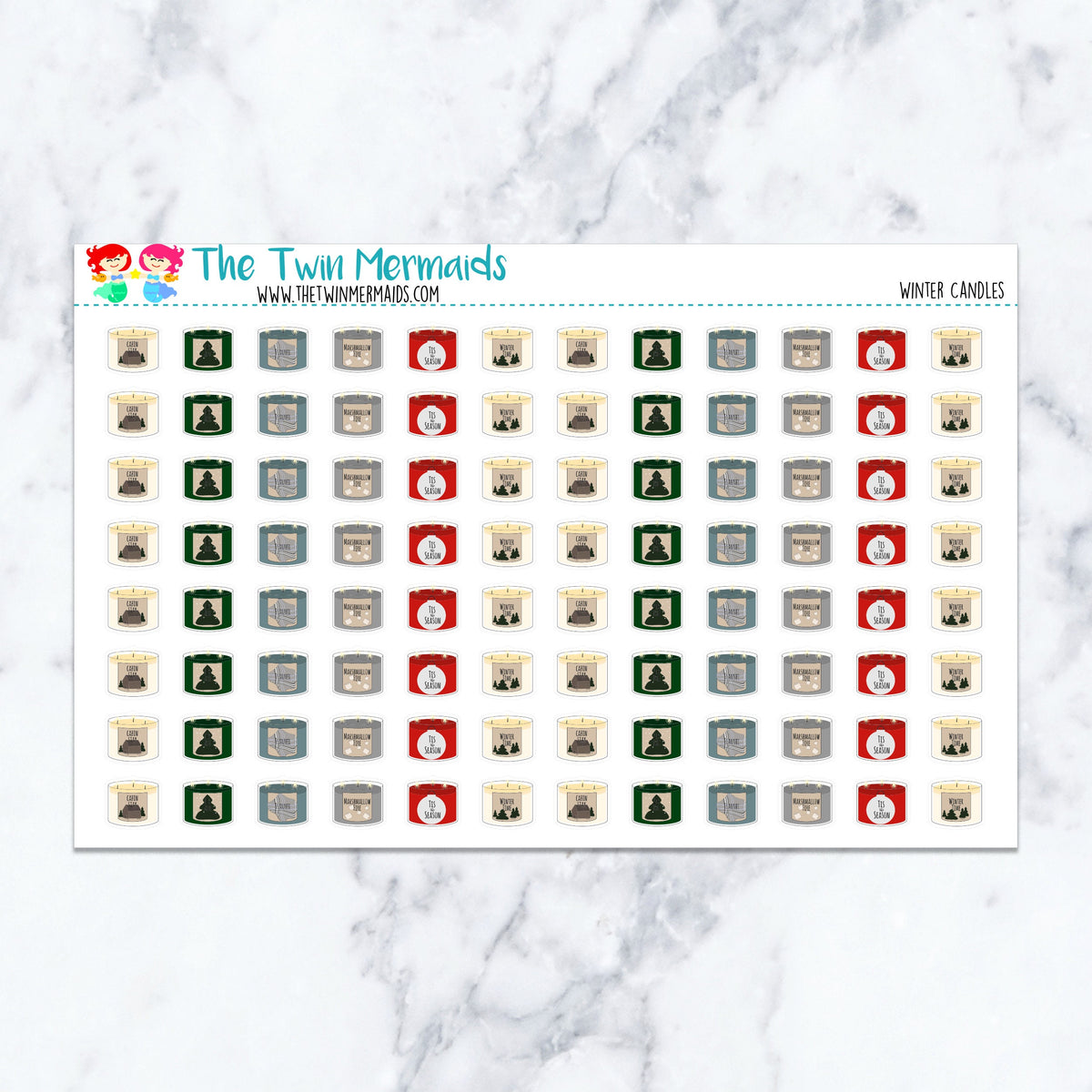 Winter Candles planner stickers. Kiss-cut sticker sheet for planners, bullet journals, and scrapbooking.