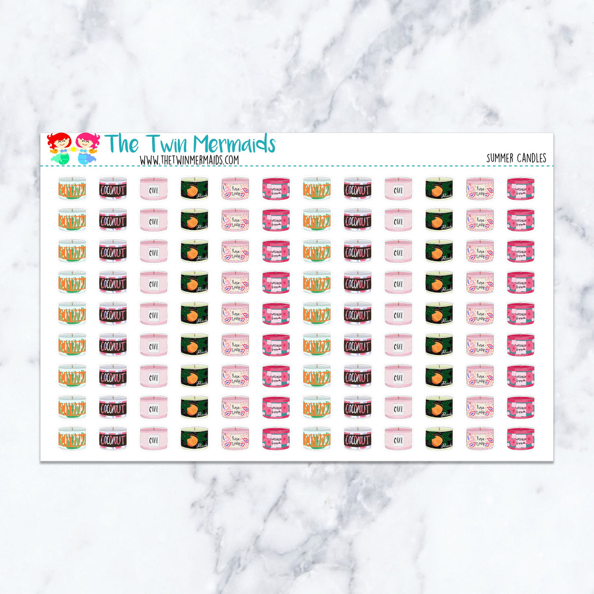 Summer Candles planner stickers. Kiss-cut sticker sheet for planners, bullet journals, and scrapbooking.