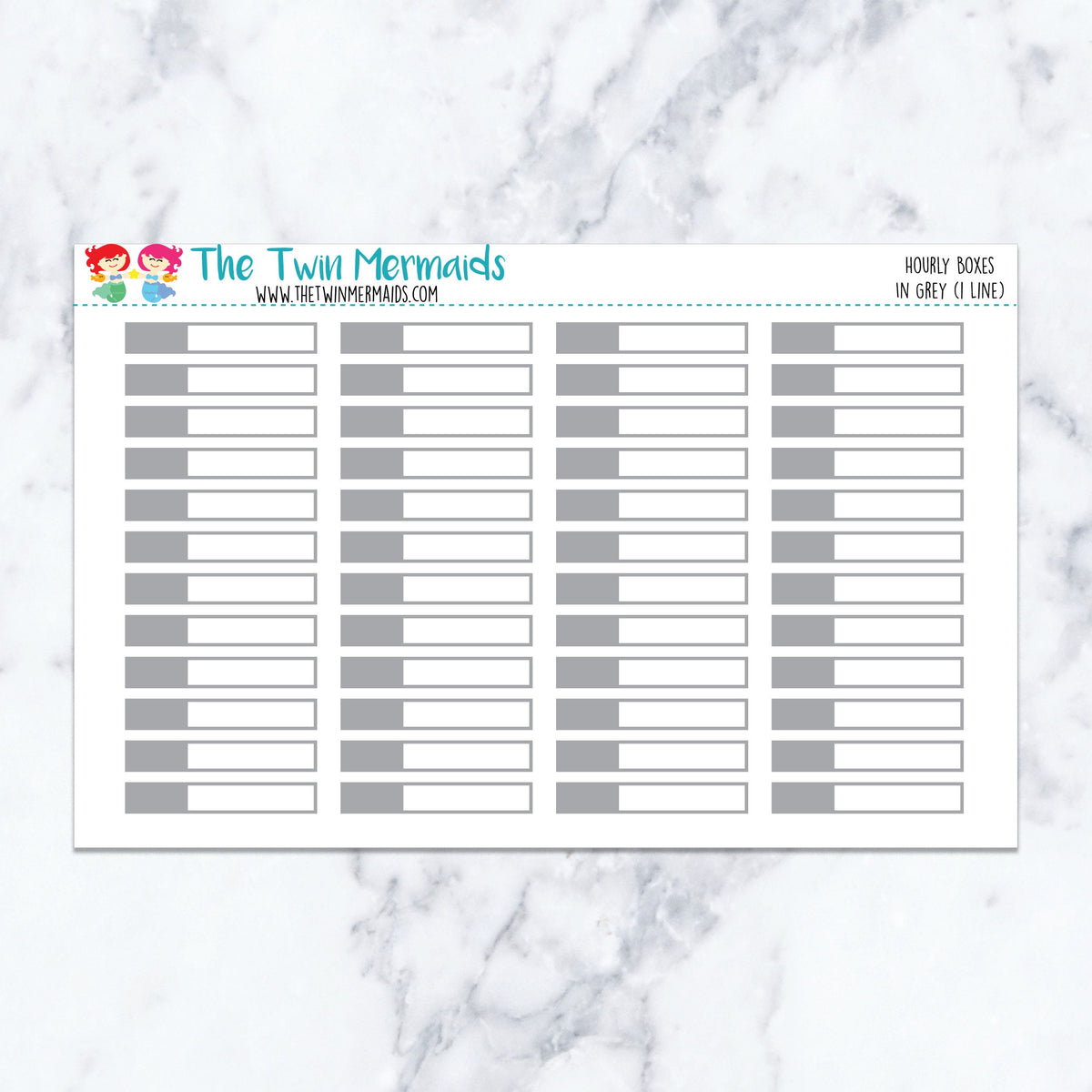 Hourly Boxes in Grey (1 Line) planner stickers. Kiss-cut sticker sheet for planners, bullet journals, and scrapbooking.