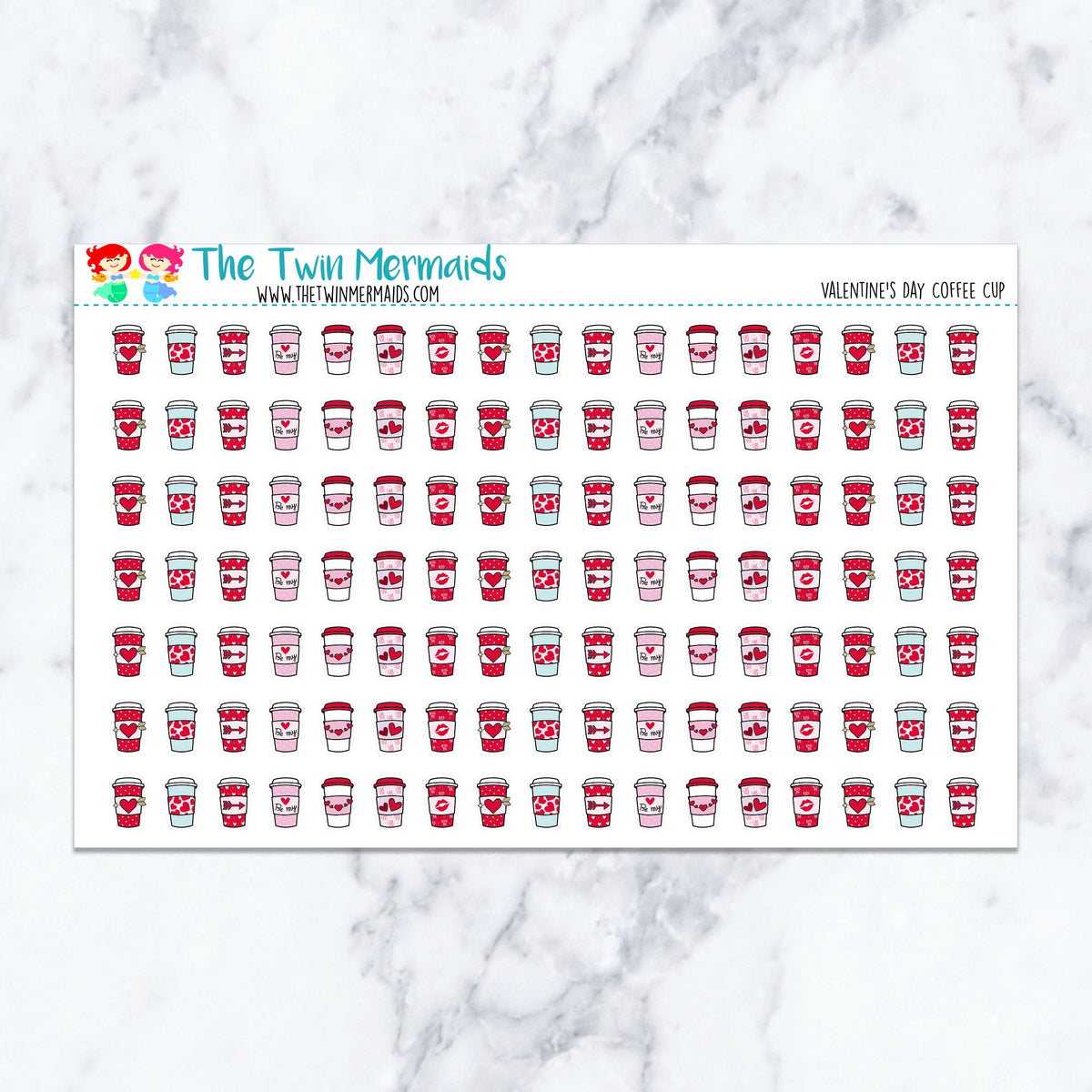 Valentine's Day Coffee Cup planner stickers. Kiss-cut sticker sheet for planners, bullet journals, and scrapbooking.