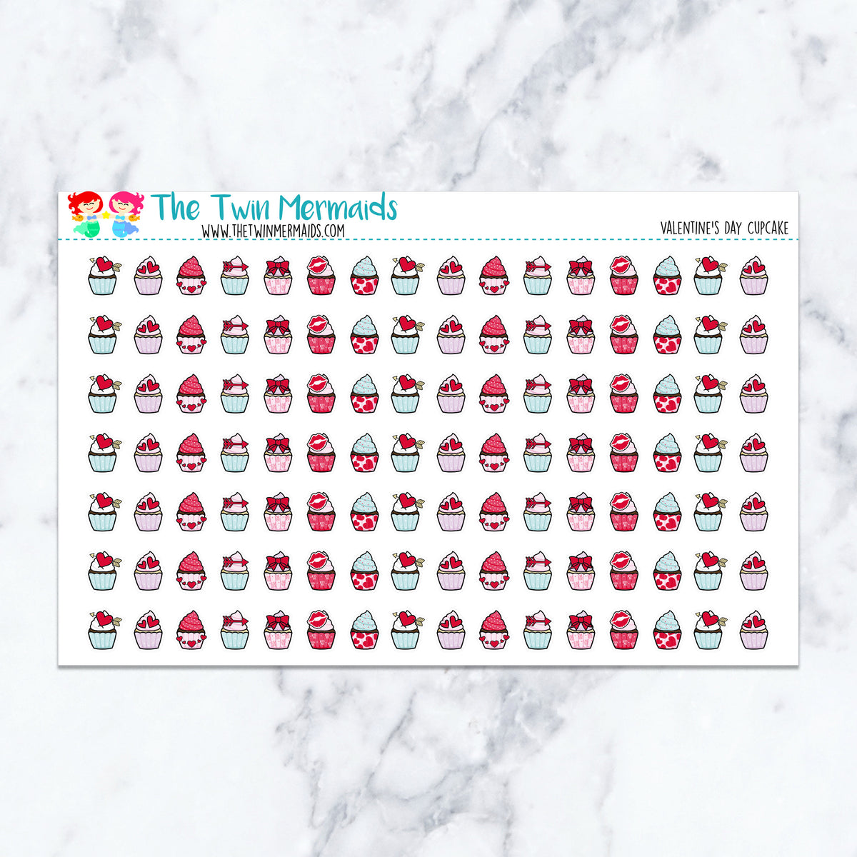Valentine's Day Cupcake planner stickers. Kiss-cut sticker sheet for planners, bullet journals, and scrapbooking.