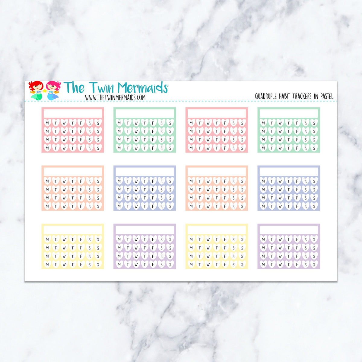 Quadruple Habit Trackers in Pastel planner stickers, pastel color scheme. Kiss-cut sticker sheet for planners, bullet journal