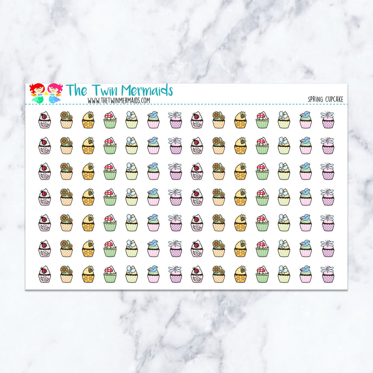 Spring Cupcake planner stickers. Kiss-cut sticker sheet for planners, bullet journals, and scrapbooking.