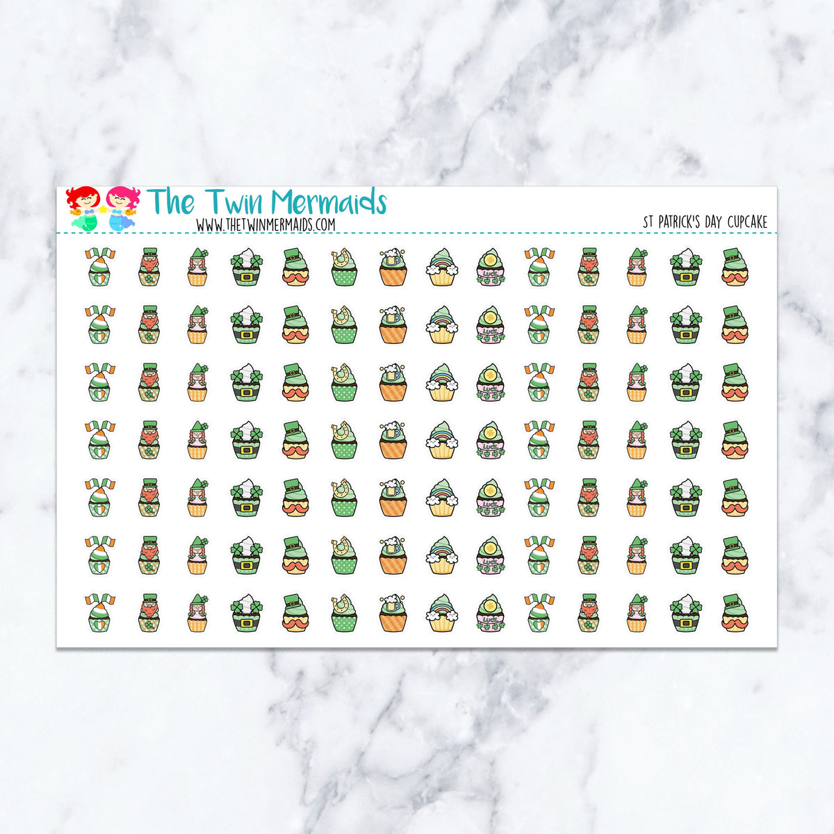 St Patrick's Day Cupcake planner stickers. Kiss-cut sticker sheet for planners, bullet journals, and scrapbooking.