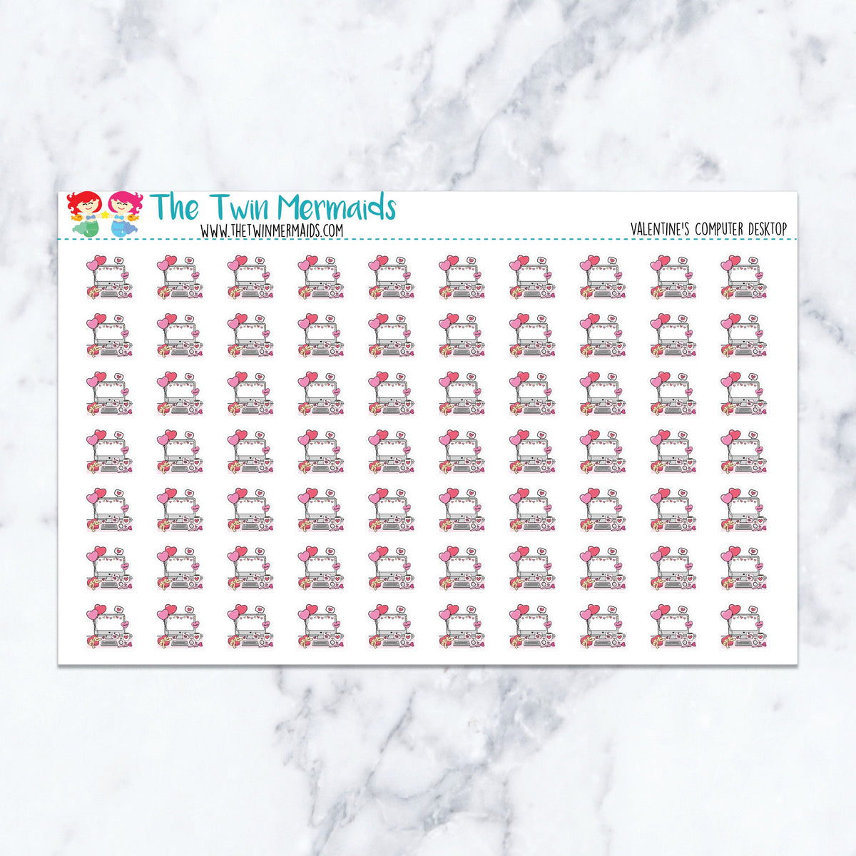 Valentine's Computer Desktop planner stickers. Kiss-cut sticker sheet for planners, bullet journals, and scrapbooking.