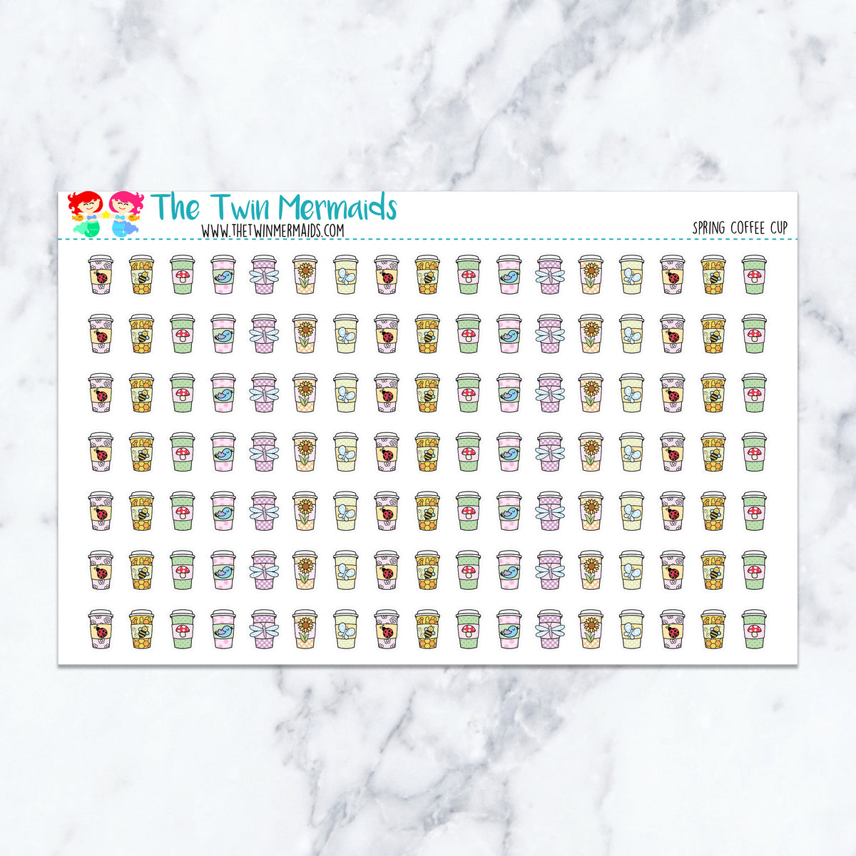 Spring Coffee Cup planner stickers. Kiss-cut sticker sheet for planners, bullet journals, and scrapbooking.