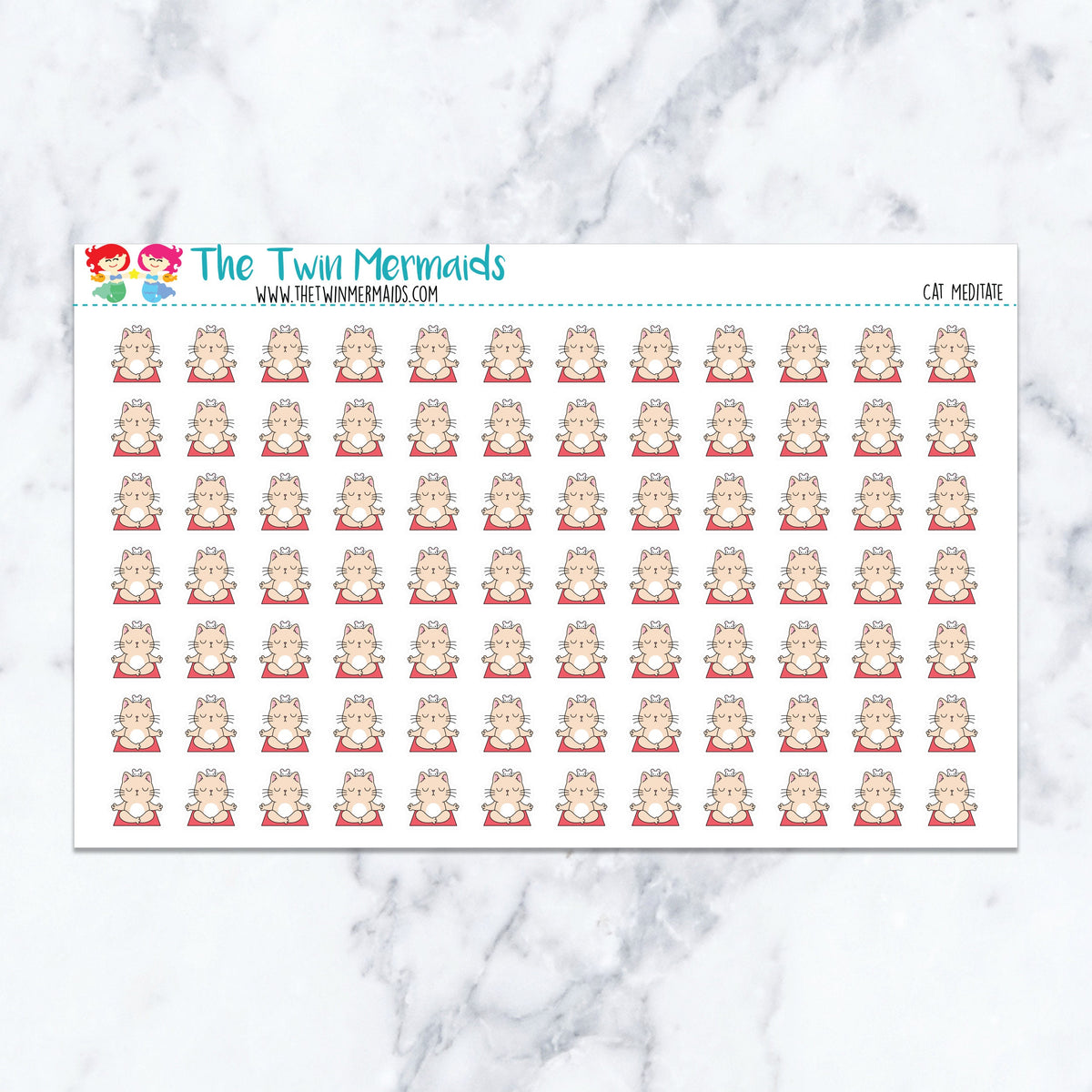 Cat Meditate planner stickers. Kiss-cut sticker sheet for planners, bullet journals, and scrapbooking.