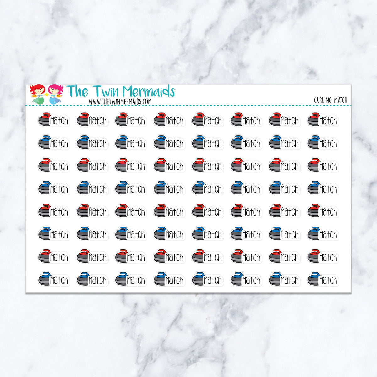 Curling Match planner stickers. Kiss-cut sticker sheet for planners, bullet journals, and scrapbooking.