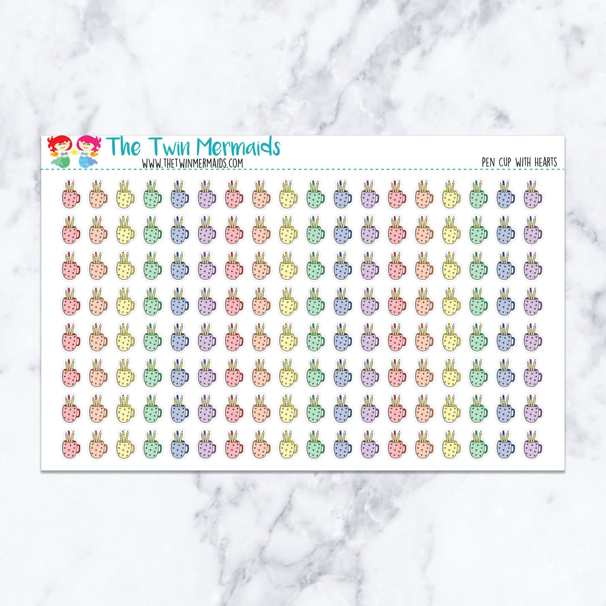 Pen Cup with Hearts planner stickers. Kiss-cut sticker sheet for planners, bullet journals, and scrapbooking.