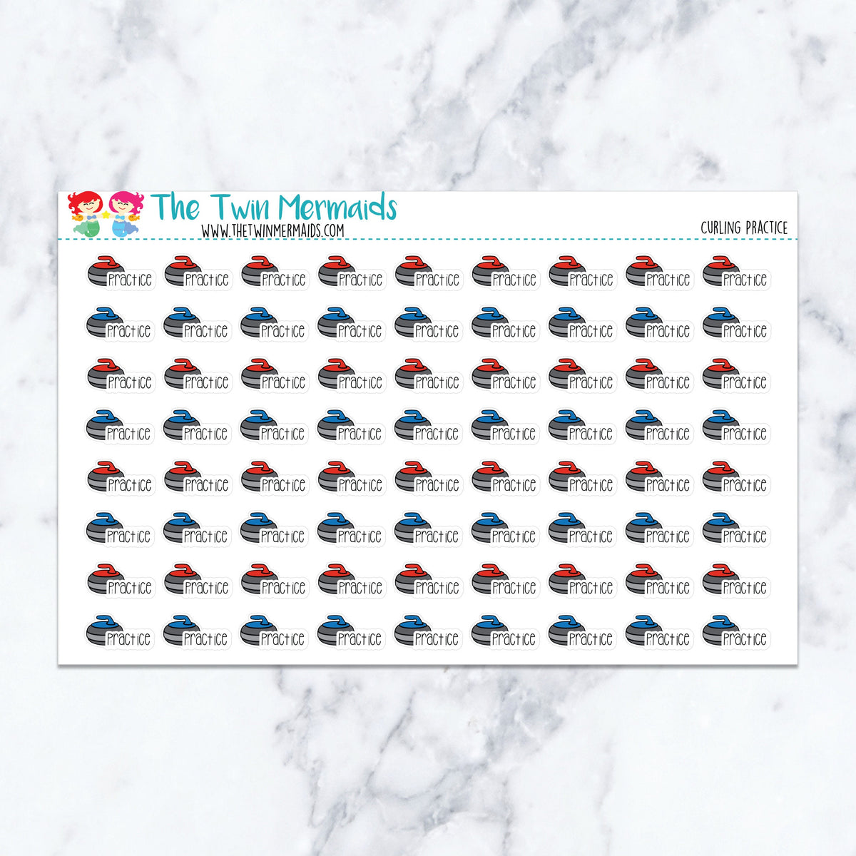 Curling Practice planner stickers. Kiss-cut sticker sheet for planners, bullet journals, and scrapbooking.