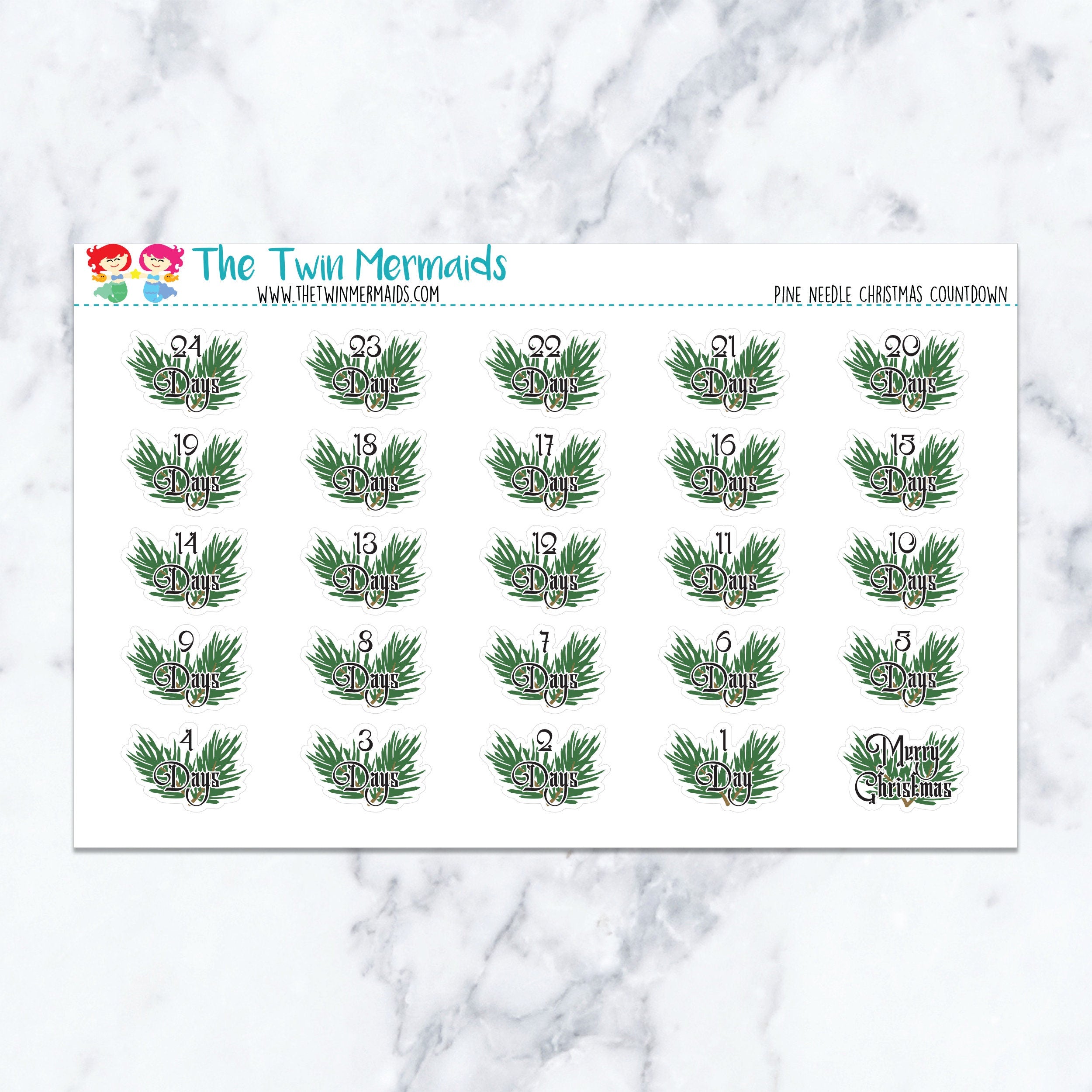 Pine Needle Christmas Countdown Planner Stickers