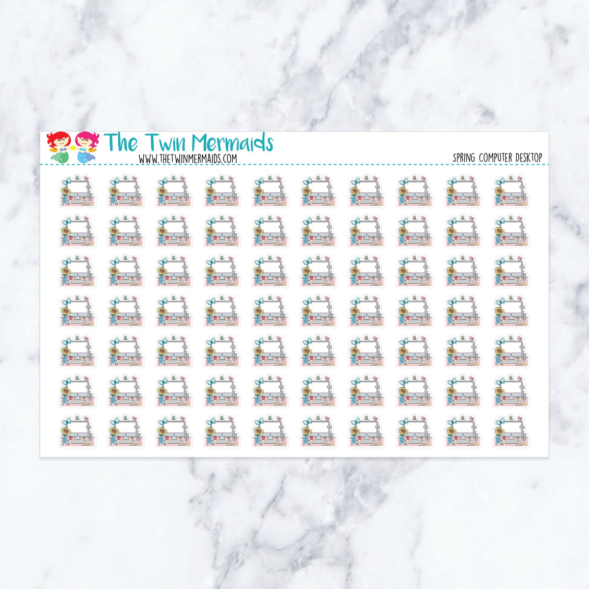 Spring Computer Desktop planner stickers. Kiss-cut sticker sheet for planners, bullet journals, and scrapbooking.