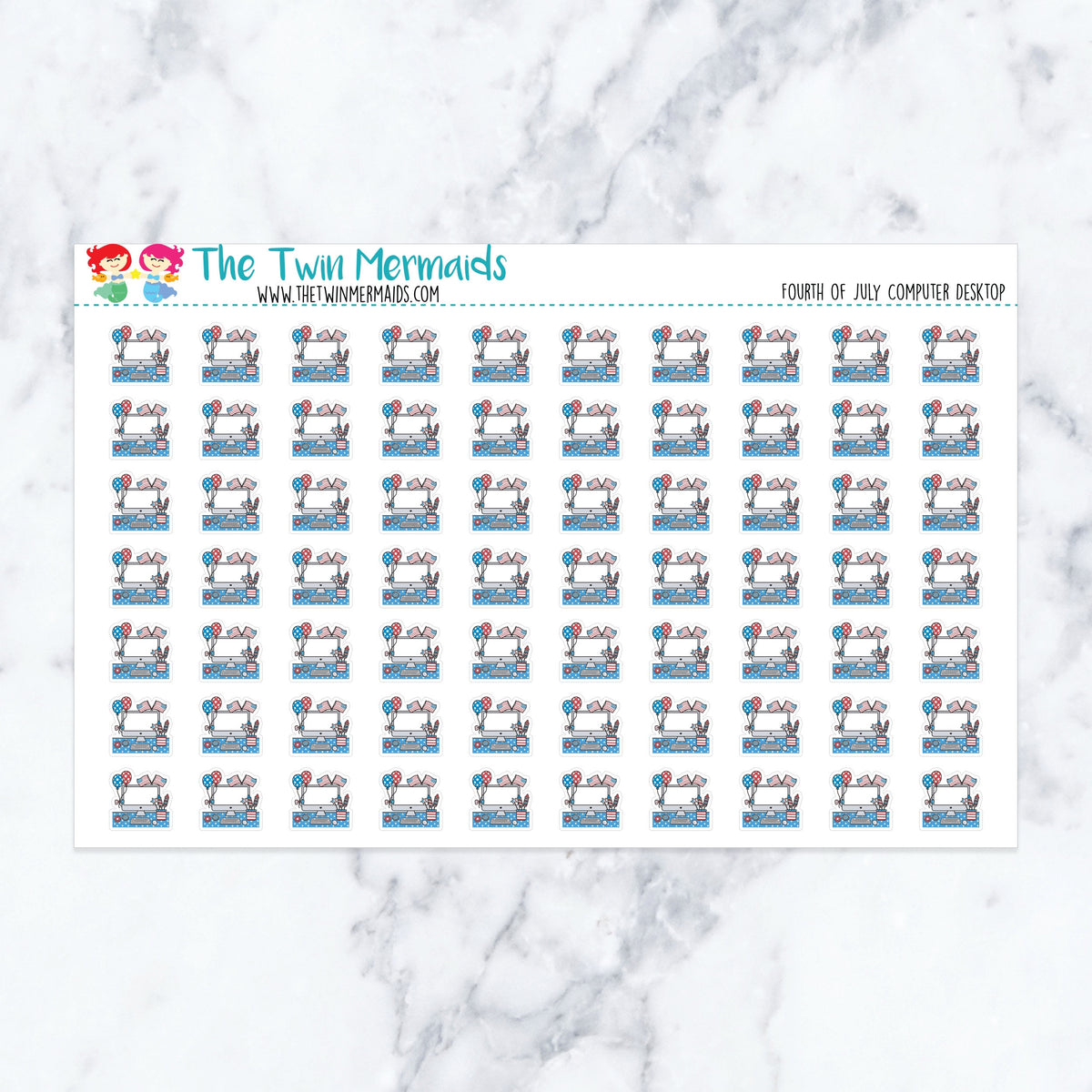 Fourth of July Computer Desktop planner stickers. Kiss-cut sticker sheet for planners, bullet journals, and scrapbooking.