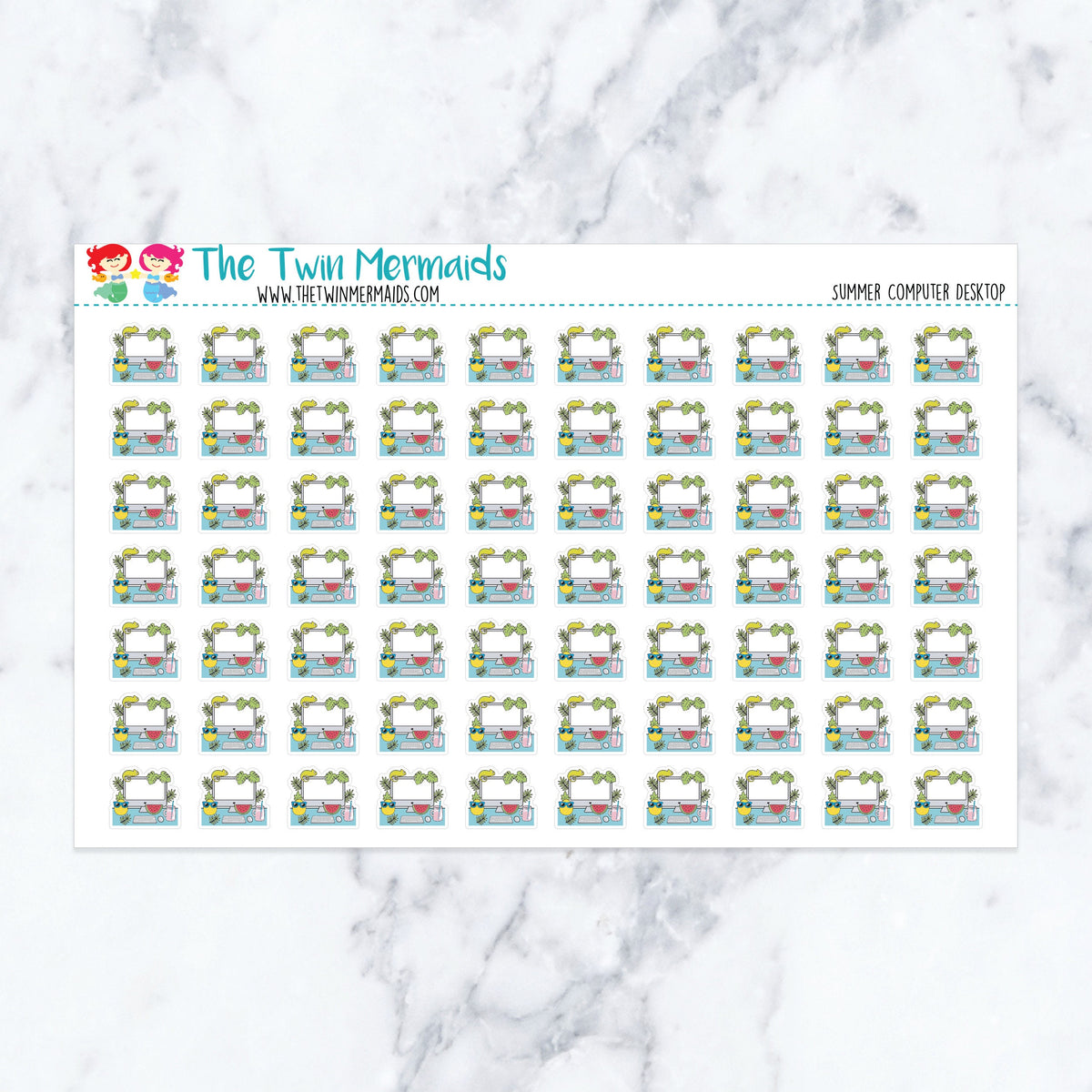Summer Computer Desktop planner stickers. Kiss-cut sticker sheet for planners, bullet journals, and scrapbooking.