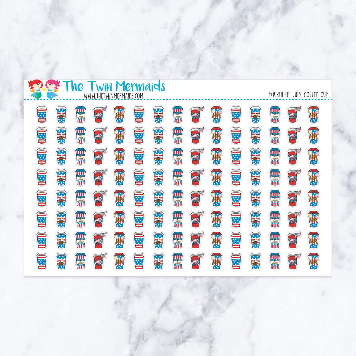 Fourth of July Coffee Cup planner stickers. Kiss-cut sticker sheet for planners, bullet journals, and scrapbooking.
