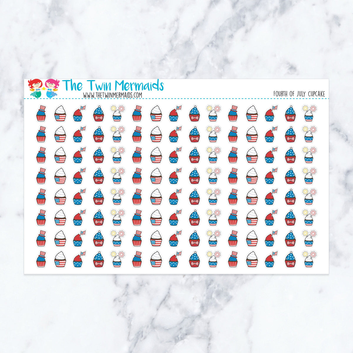 Fourth of July Cupcake planner stickers. Kiss-cut sticker sheet for planners, bullet journals, and scrapbooking.
