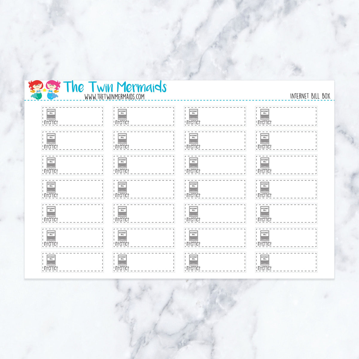 Internet Bill Due Box planner stickers. Kiss-cut sticker sheet for planners, bullet journals, and scrapbooking.