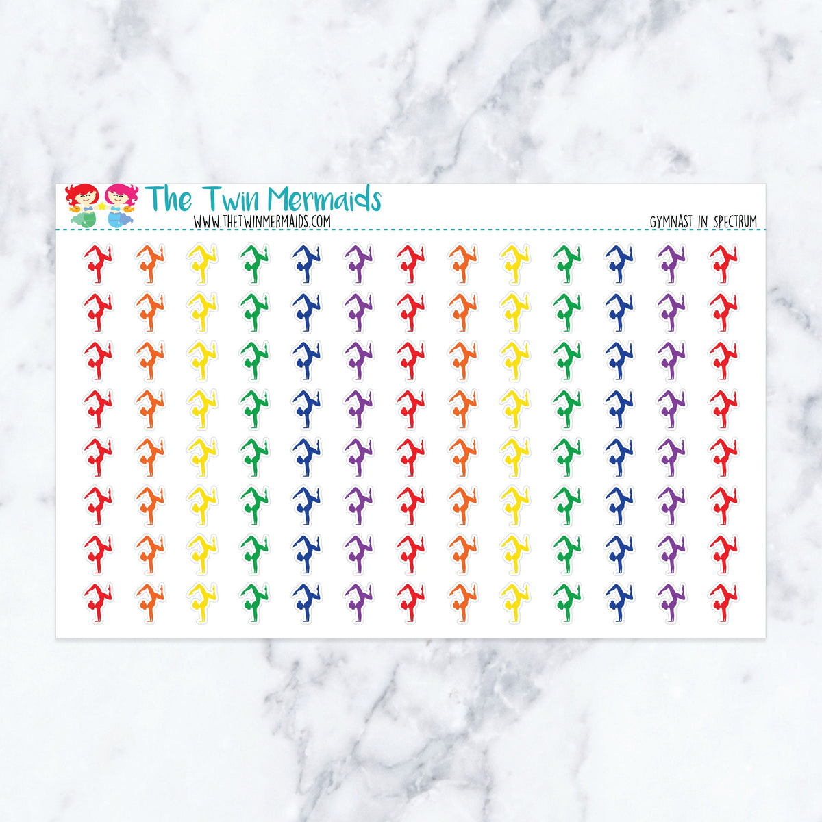 Gymnast in Spectrum planner stickers, spectrum color scheme. Kiss-cut sticker sheet for planners, bullet journals, and scrapb