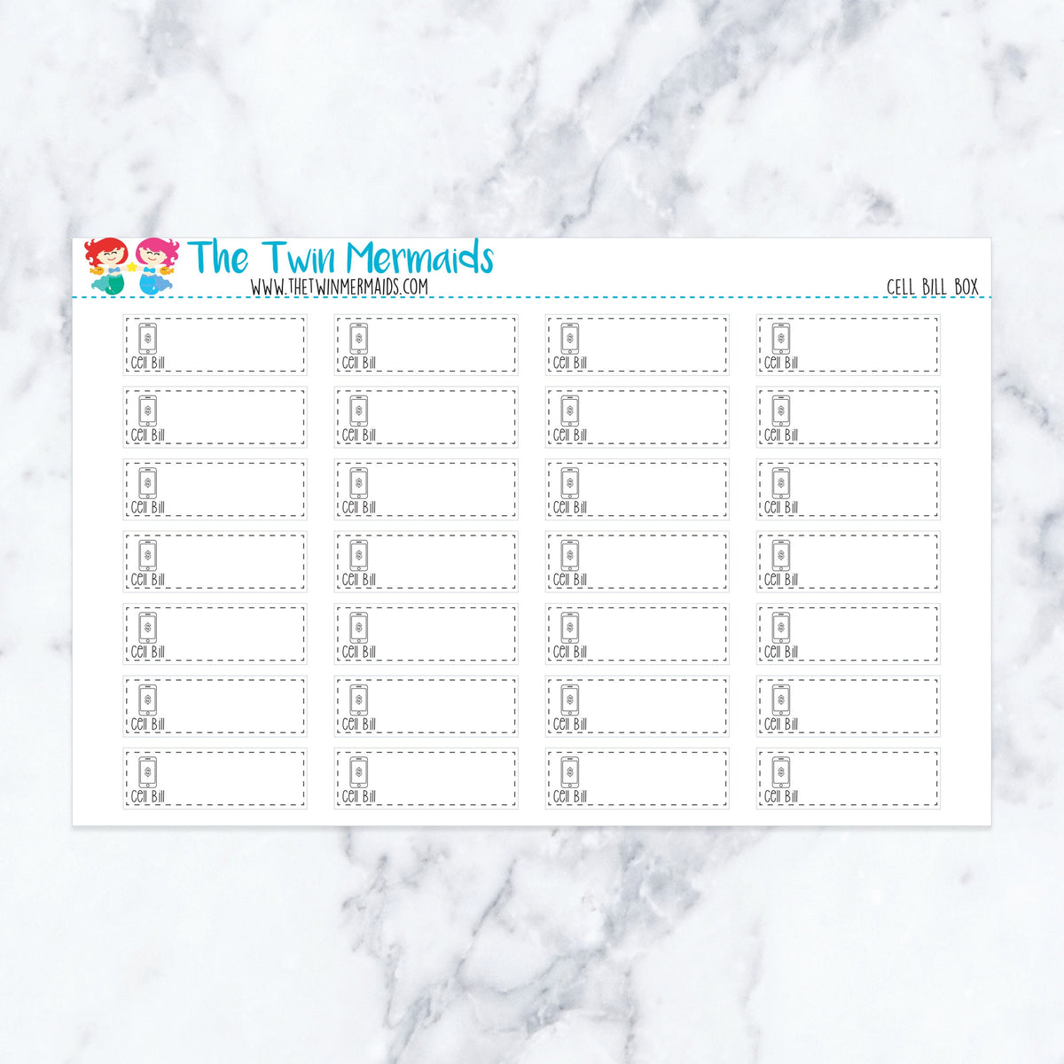 Cell Bill Box planner stickers. Kiss-cut sticker sheet for planners, bullet journals, and scrapbooking.