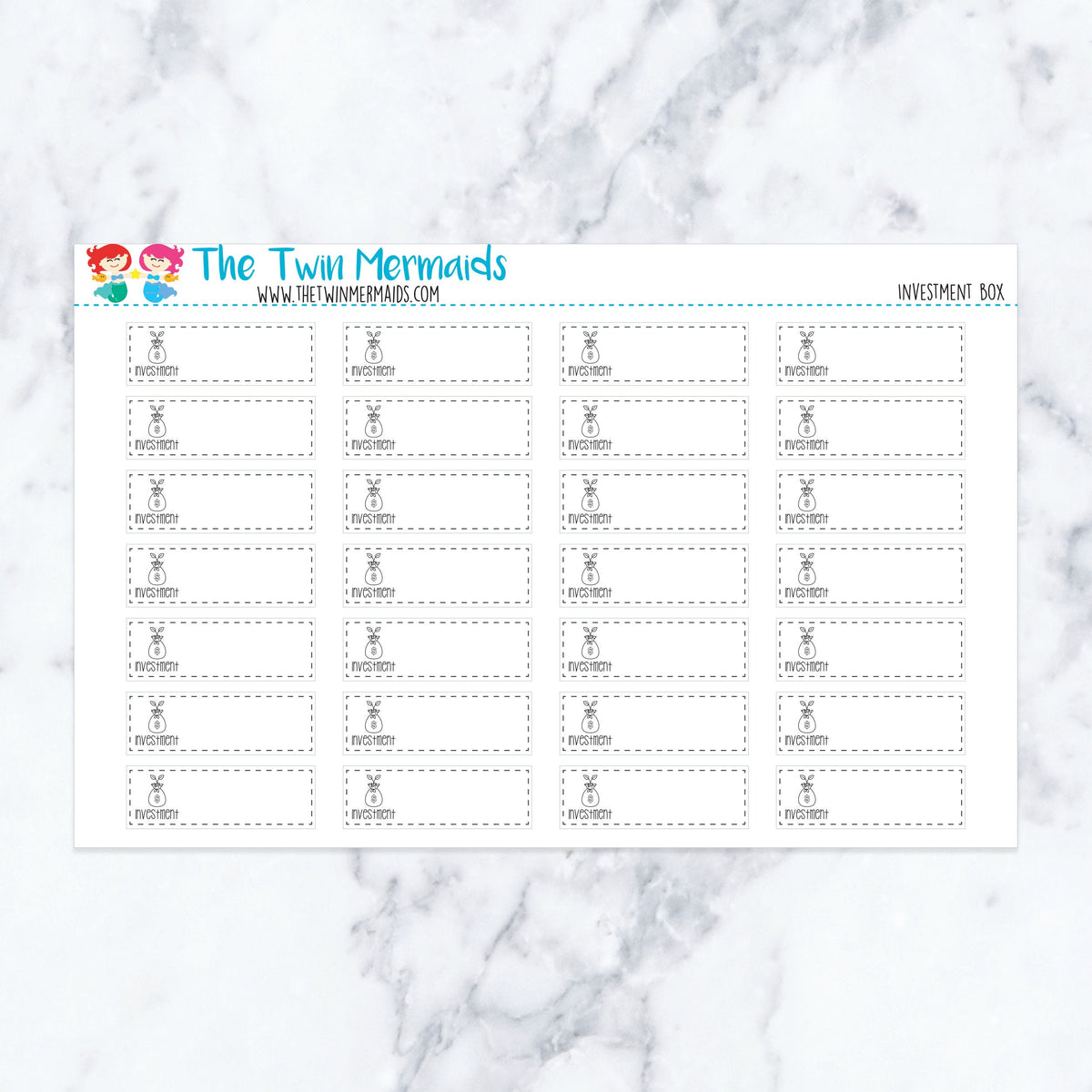 Investment Box planner stickers. Kiss-cut sticker sheet for planners, bullet journals, and scrapbooking.