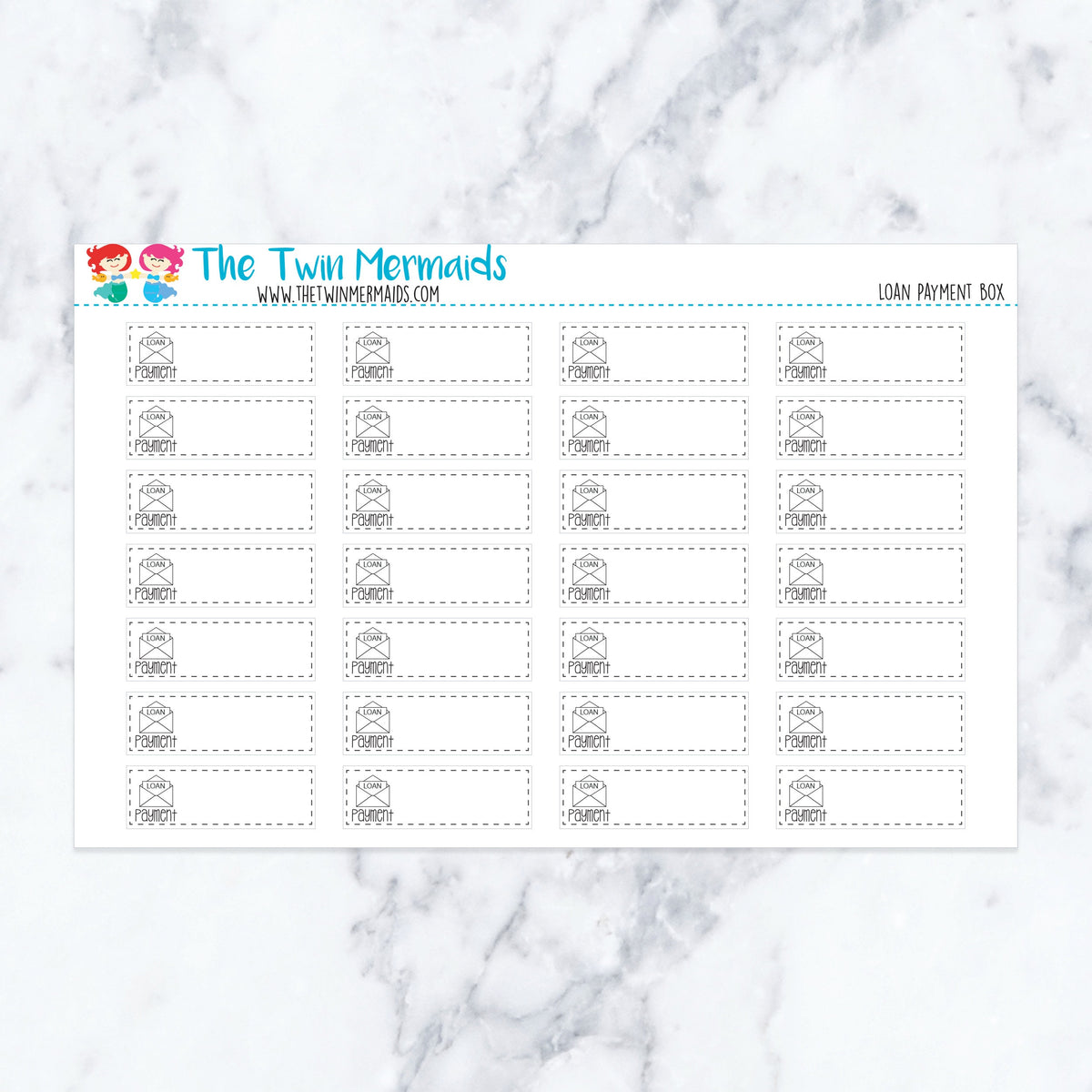 Loan Payment Box planner stickers. Kiss-cut sticker sheet for planners, bullet journals, and scrapbooking.