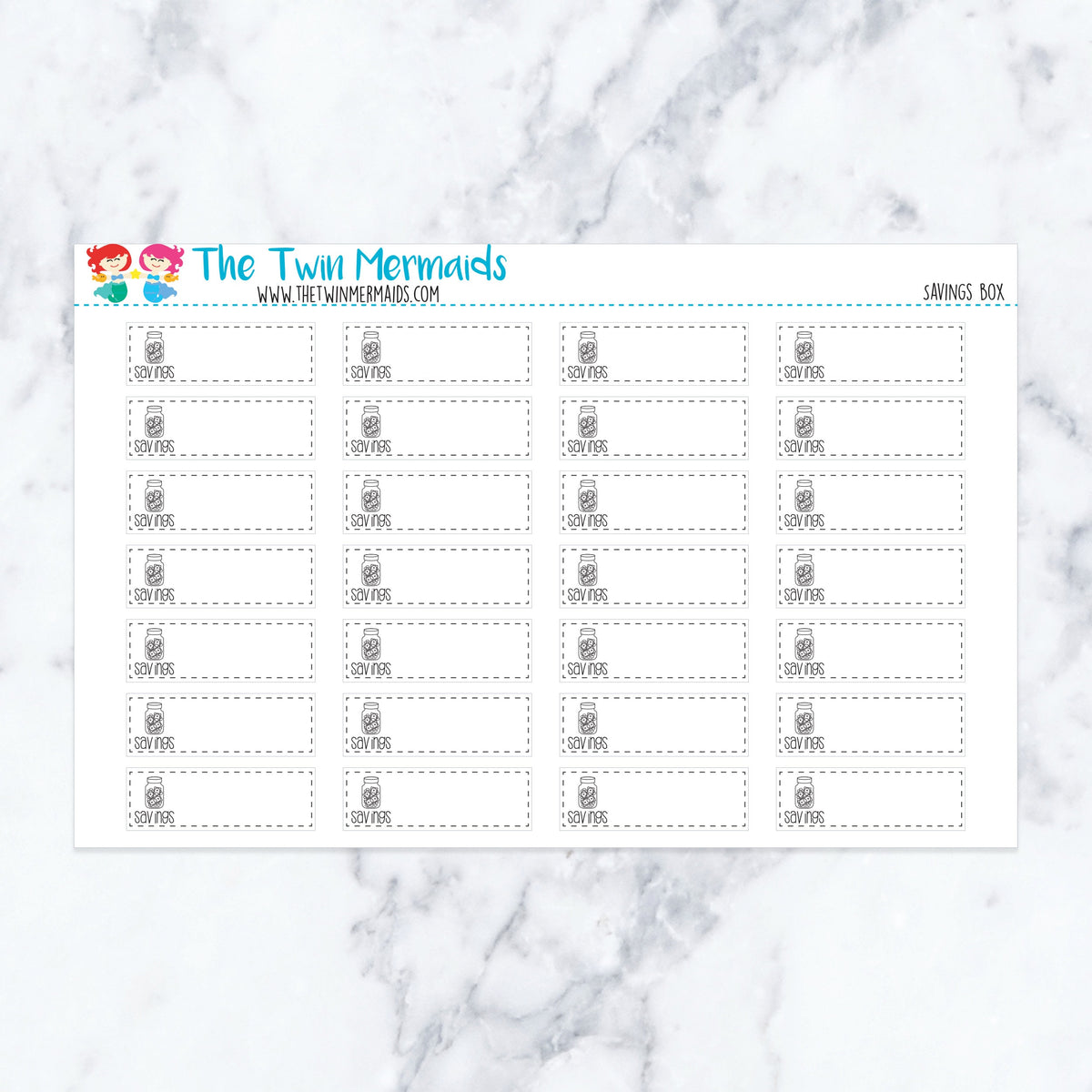 Savings Box planner stickers. Kiss-cut sticker sheet for planners, bullet journals, and scrapbooking.