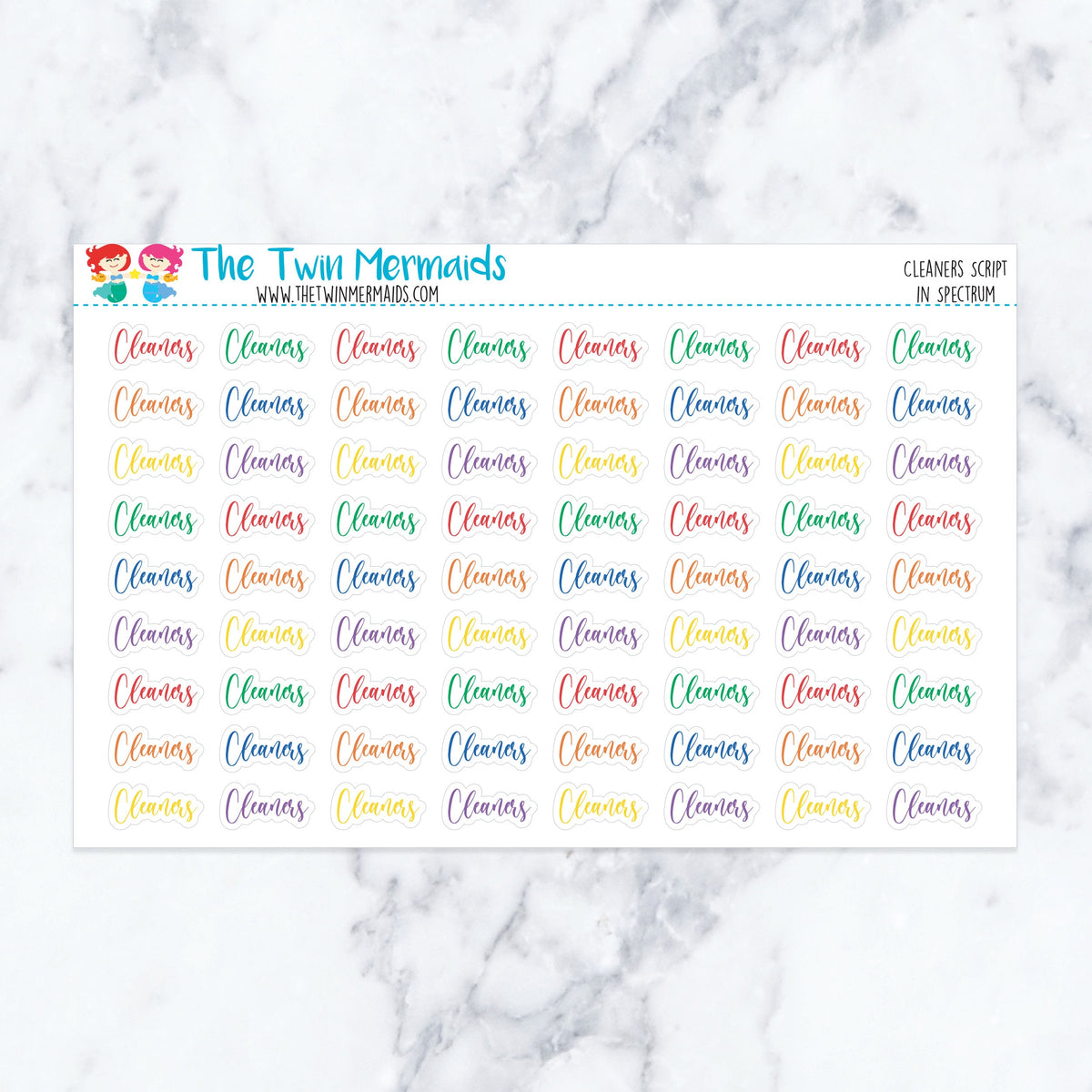 Cleaners Script in Spectrum planner stickers, spectrum color scheme. Kiss-cut sticker sheet for planners, bullet journals, an