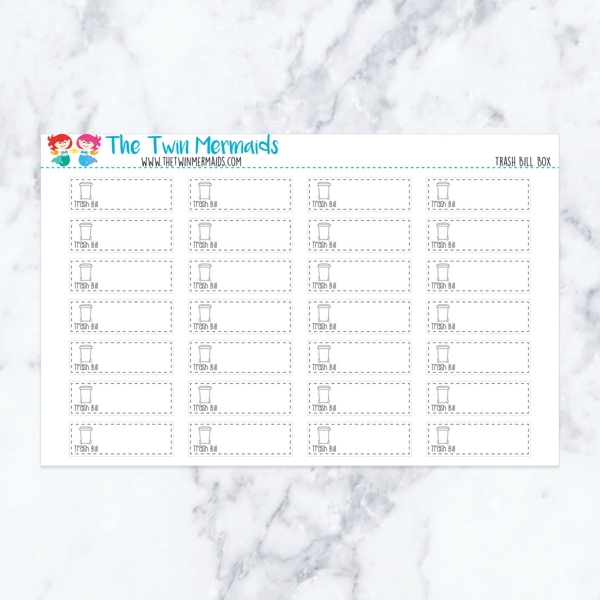 Trash Bill Box planner stickers. Kiss-cut sticker sheet for planners, bullet journals, and scrapbooking.