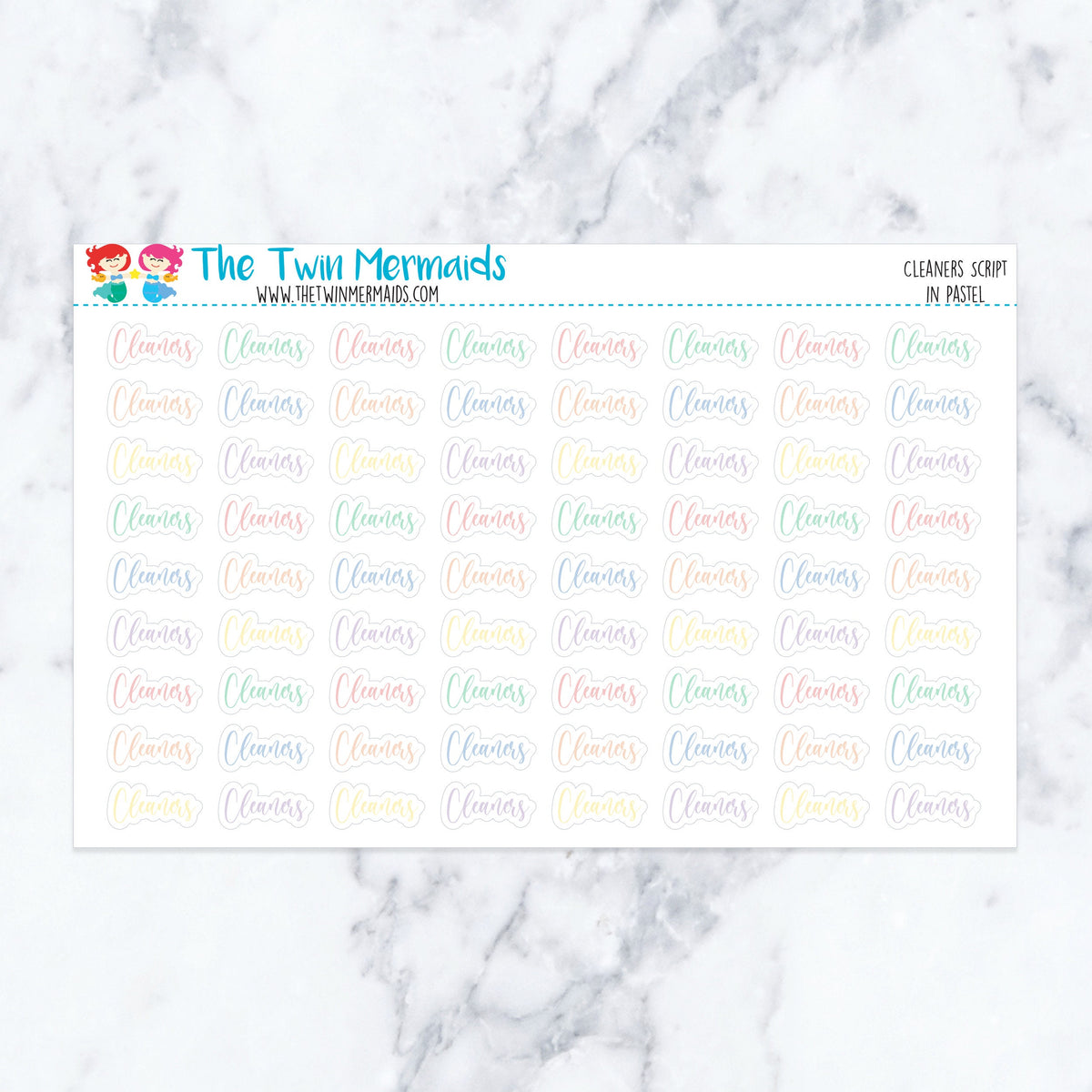 Cleaners Script in Pastel planner stickers, pastel color scheme. Kiss-cut sticker sheet for planners, bullet journals, and sc