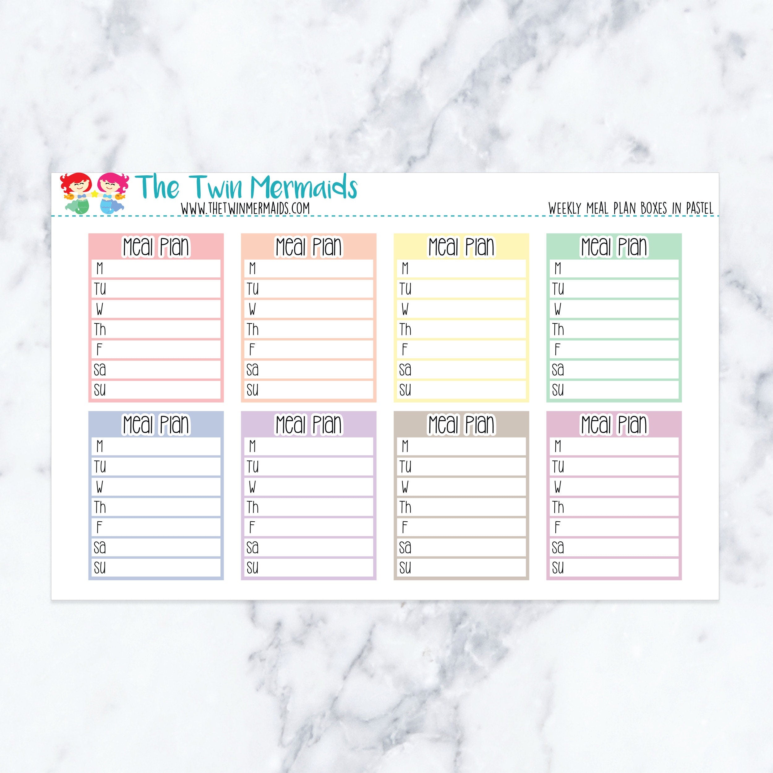 Weekly Meal Plan Boxes in Pastel Planner Stickers