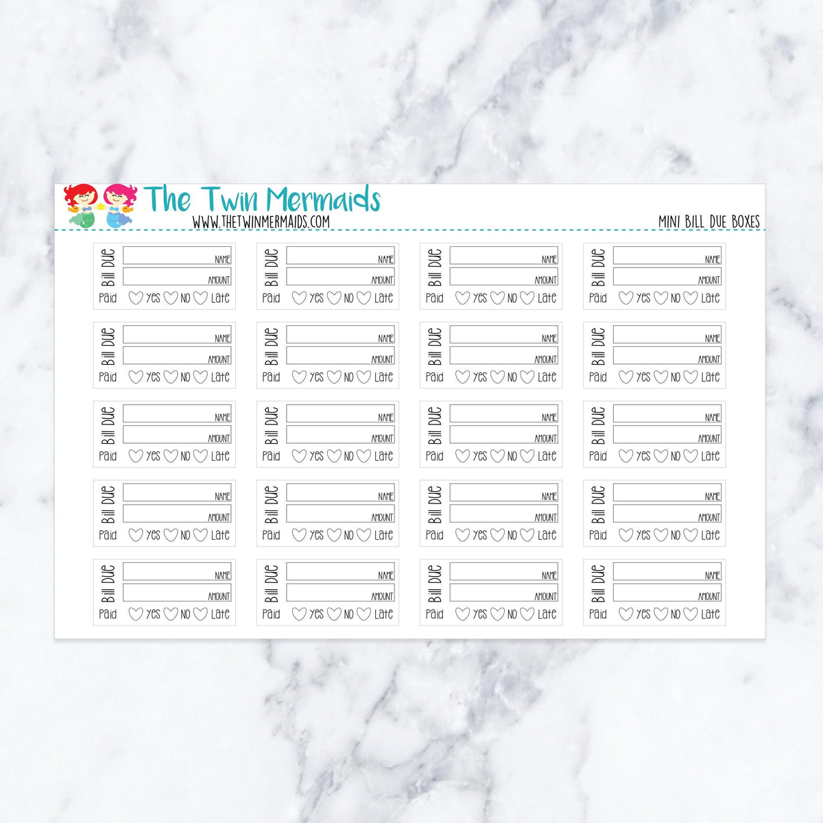 Mini Bill Due Boxes planner stickers. Kiss-cut sticker sheet for planners, bullet journals, and scrapbooking.