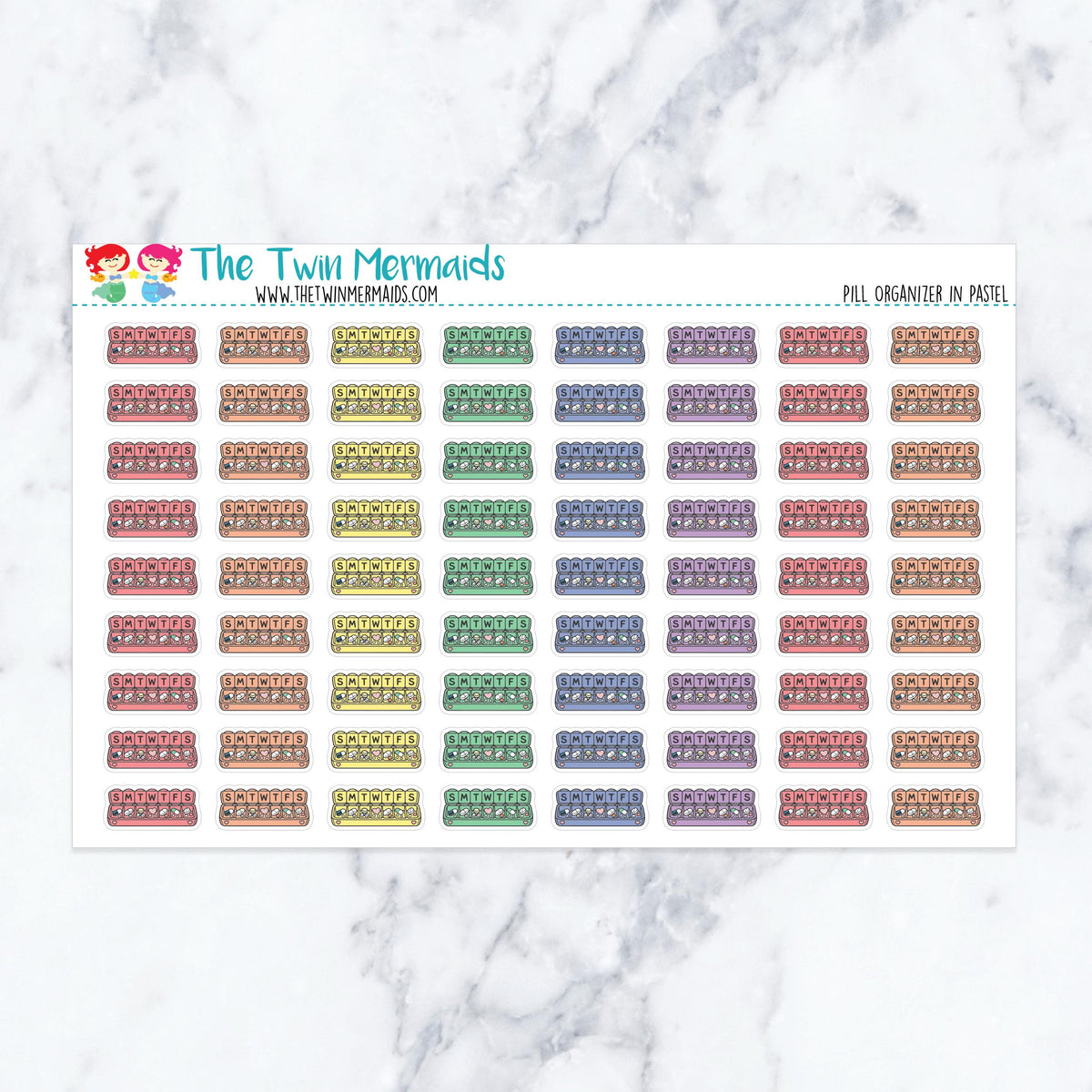 Pill Organizer in Pastel planner stickers, pastel color scheme. Kiss-cut sticker sheet for planners, bullet journals, and scr