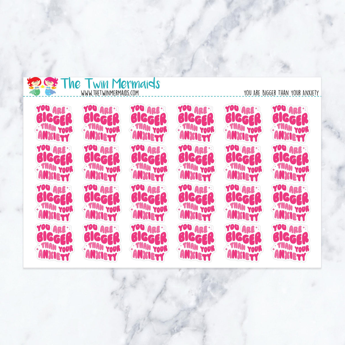You Are Bigger Than Your Anxiety planner stickers. Kiss-cut sticker sheet for planners, bullet journals, and scrapbooking.