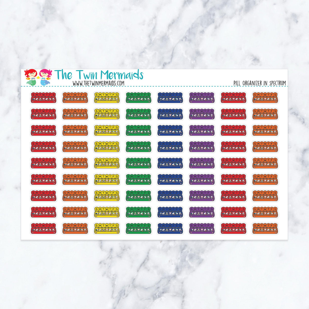 Pill Organizer in Spectrum planner stickers, spectrum color scheme. Kiss-cut sticker sheet for planners, bullet journals, and