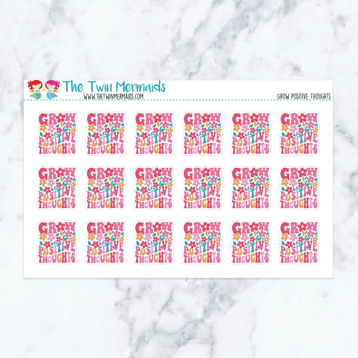 Grow Positive Thoughts planner stickers. Kiss-cut sticker sheet for planners, bullet journals, and scrapbooking.