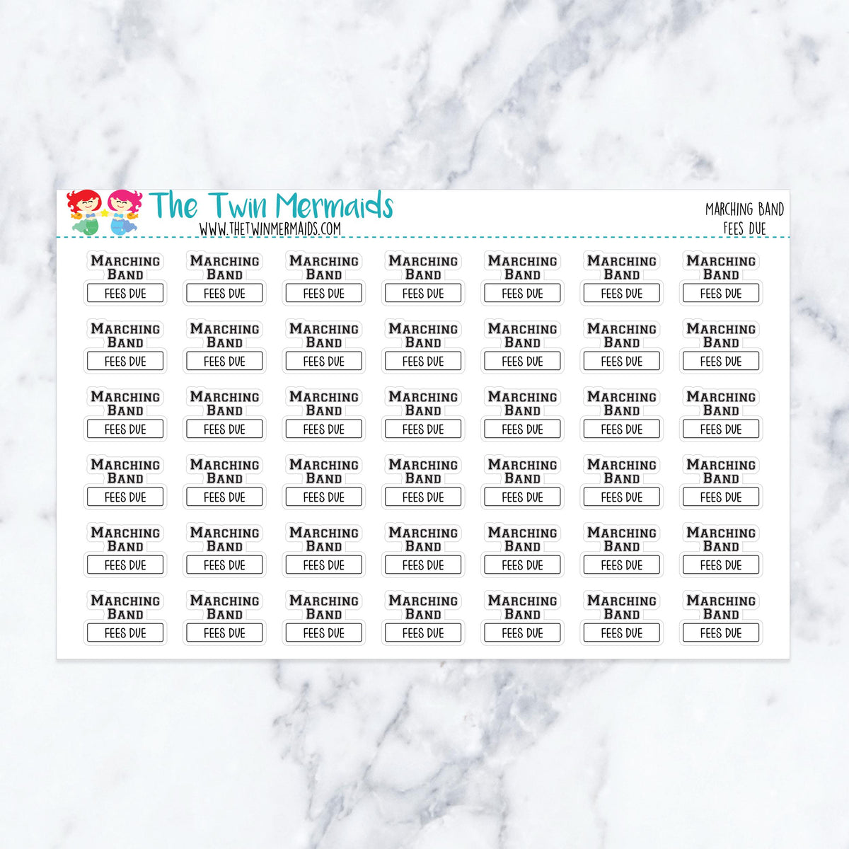 Marching Band Fees Due planner stickers. Kiss-cut sticker sheet for planners, bullet journals, and scrapbooking.