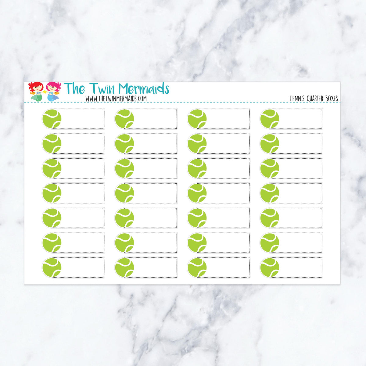 Tennis Quarter Box planner stickers. Kiss-cut sticker sheet for planners, bullet journals, and scrapbooking.